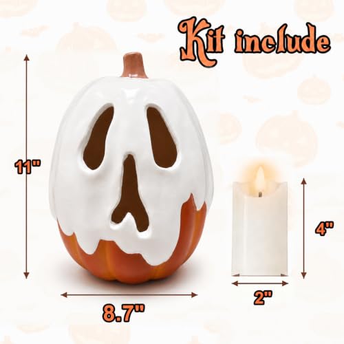 Large Halloween Ghost Pumpkin Decor with Flameless Candle - Indoor Outdoor Table Centerpiece