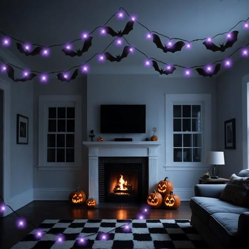 Halloween Bat Decorations with Purple LED Lights - Black, 49 FT Indoor Party Decor Set