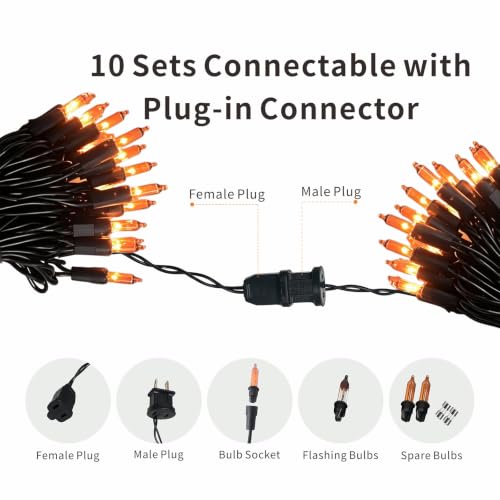 Orange Halloween String Lights 50 Count Connectable IP44 Waterproof Black Wire - 11 Feet