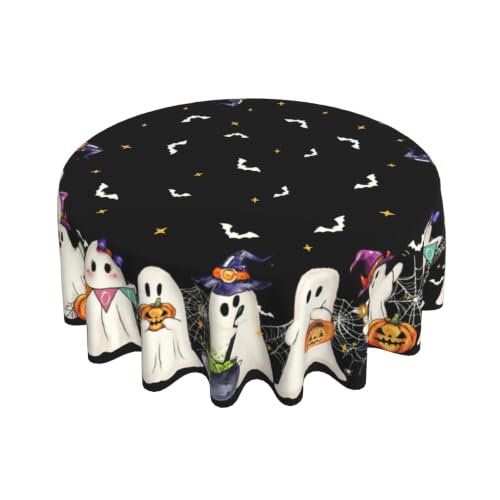 White Bat Ghost 60 Inch Water-Resistant Halloween Round Tablecloth - Reusable Decor