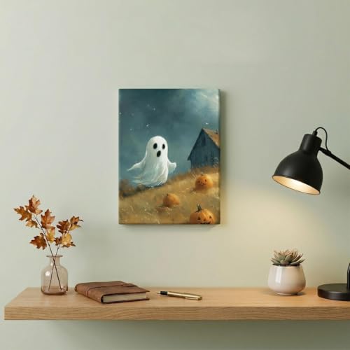 Halloween Ghost Wall Art Canvas - Field Wraith with Pumpkin, 16x12 Inches