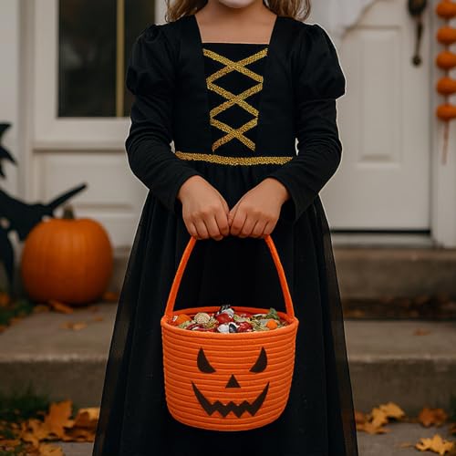 Halloween Trick or Treat Basket - Durable Cotton Rope Candy Container, 6.3x9 Inches