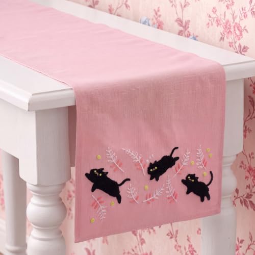 Pink Embroidered Black Cat Table Runner - Kitchen Decor, 13x72 Inches