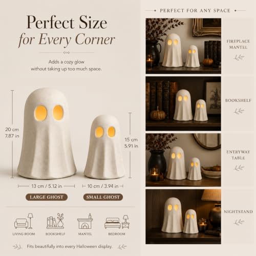 Halloween Ghost Figurines with LED String Lights - 7.87 & 5.91 Inches, Terracotta Decor Set - 2 Pieces - Variation of THIS listing