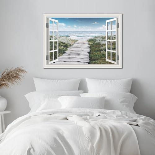 Large Beach Flower Path Ocean Canvas Wall Art - 48x32 Inch Coastal Seascape Painting
