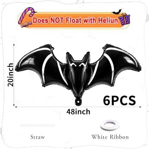 Black Bat Foil Balloons - Giant Halloween Bat Decorations, 6 Pack with Hanging Ribbons - Variation: Black Bat