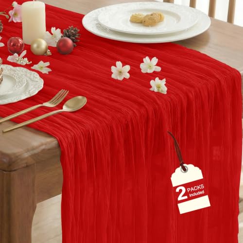 2 Pack Red Cheesecloth Table Runner for Fall Christmas Party Decor - 10FT