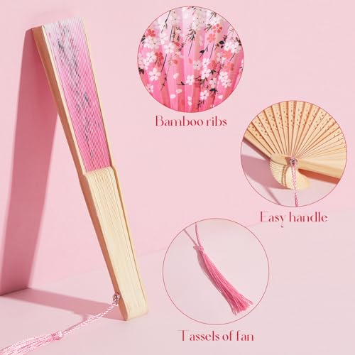 Japanese Folding Fans Set - 20 Hand Fans with Tassels & Floral Patterns - Fresh Style