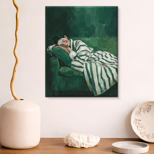 Emerald Green Woman Canvas Wall Art - Abstract Bedroom Decor - Variation D