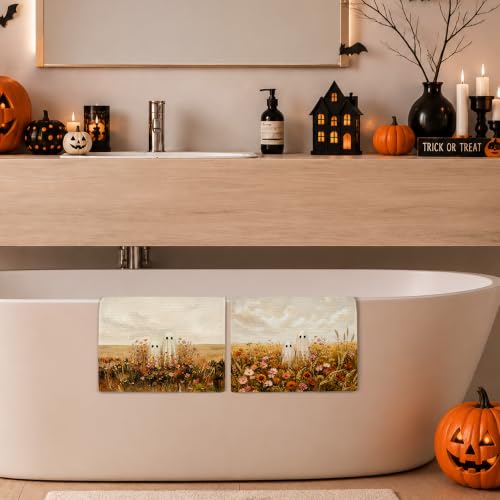 Ghost10 Halloween Ghost Floral Kitchen Towels Set of 2 - Rustic Autumn Dishcloths
