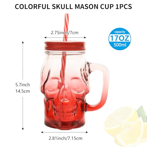 Skull Mason Jar with Handle - 16 Oz Glass Beer Mug Halloween Drinkware - Red / 1