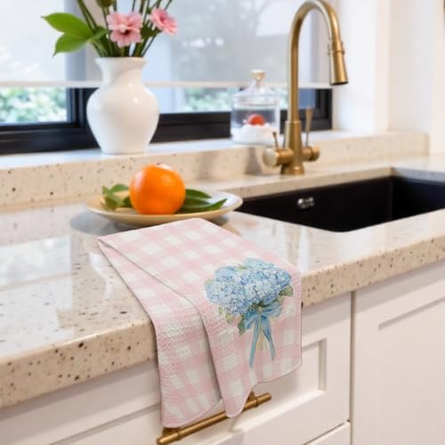 Hydrangea Floral Kitchen Towels - Pink & White Checkered Hand Dish Towels, 16x24 Inch, Variation 1