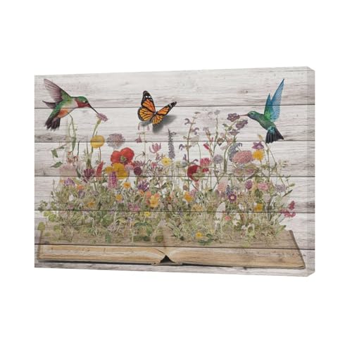 Rustic Hummingbird Wall Art Canvas Print - Farmhouse Flower Butterfly Decor, 16x12 Inches - Hummingbird Flowers Variation