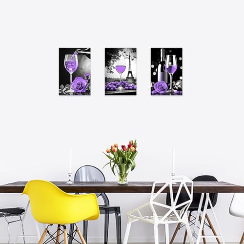 3-Piece Wine Wall Art Canvas Prints Purple and Black Eiffel Tower & Rose Kitchen Decor 16x24in