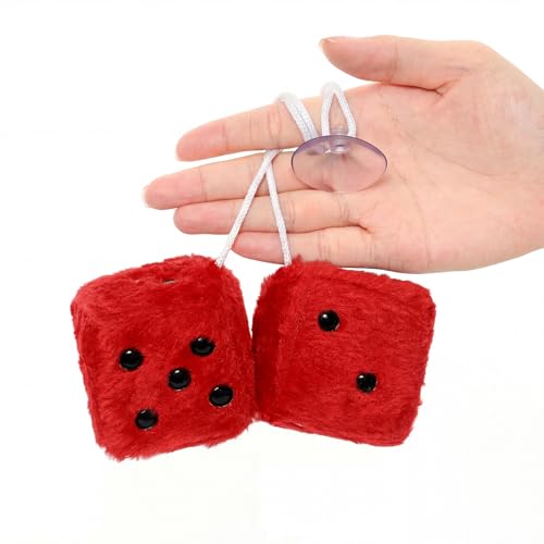 Red Fuzzy Dice Plush Car Hanging Ornament - Stylish Interior Decor