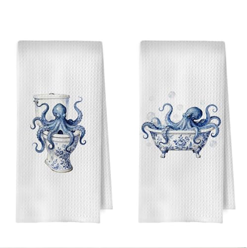 Octopus Bathroom Decor Set - Nautical Waffle Towels for Kitchen & Bath - 16x24 Inches - Variation: Octopus