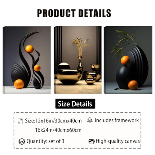 Black Abstract Canvas Wall Art Set - 12 x 16 in Modern 3-Piece Sculpture
