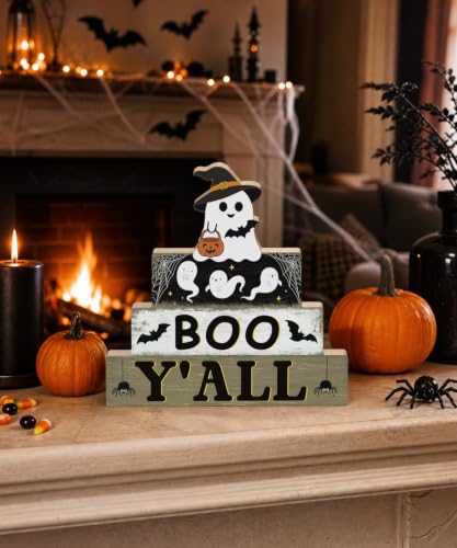 Halloween Wooden Ghost Tiered Tray Decor - Black, Cream & Brown - Putuo Decor