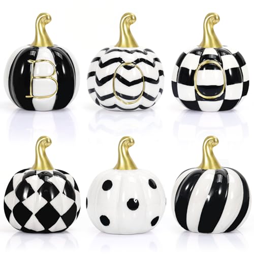 Ceramic Halloween Pumpkin Decor Set - 6 Black & White Buffalo Plaid, Polka Dots & Stripes, Fall & Thanksgiving Decor