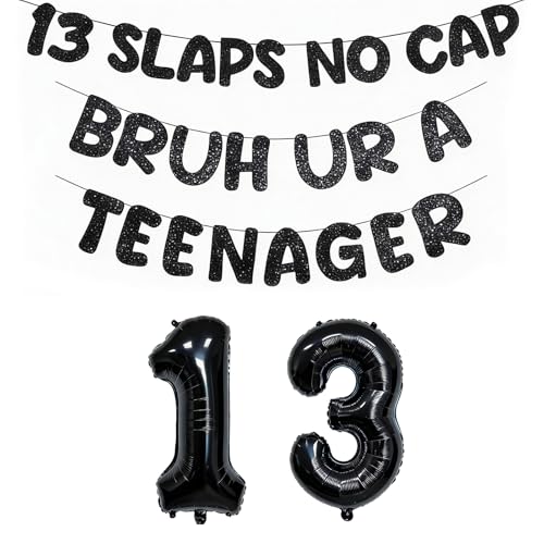 Black 13th Birthday Decorations for Boys Balloon Banner & Number 13 Foil Balloon