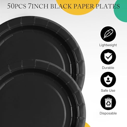Black Disposable Paper Plates 7 Inch Set of 50 Heavy Duty Party Dinnerware