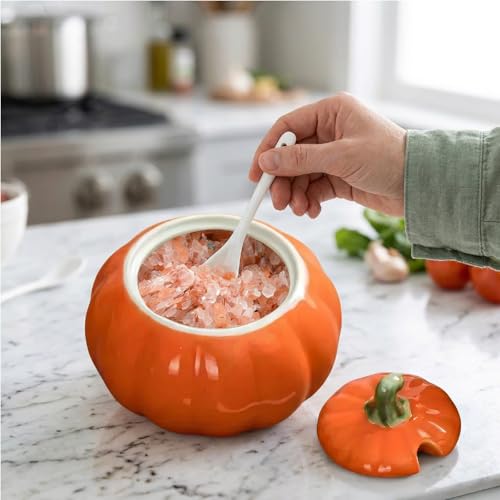 Ceramic Salt Cellar with Lid & Spoon - 10 OZ Orange Salt Box for Countertop