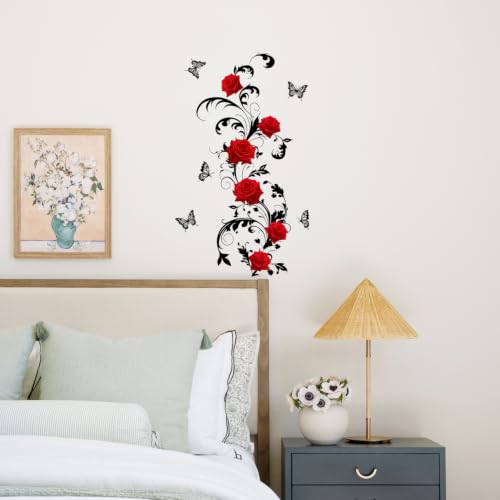 Red Rose Gothic Wall Decals Peel and Stick - Romantic Floral Vinyl Wall Art with Variation #49