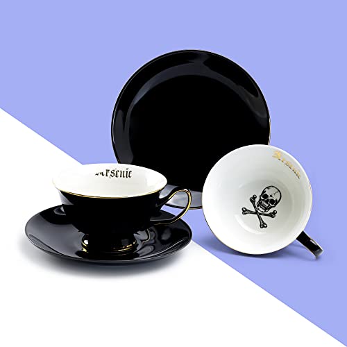 Black Skull Tea Cup and Saucer Set with Gold Trim - Halloween Decor