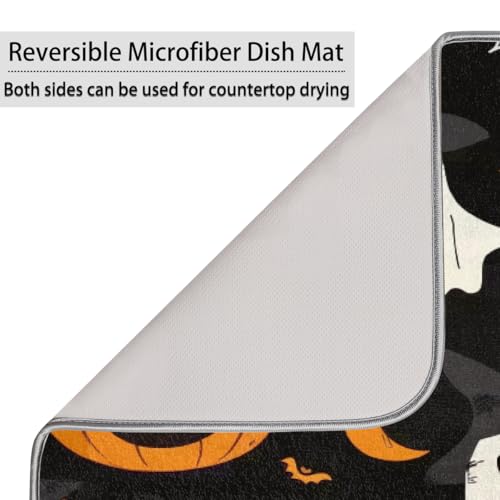 Halloween Dish Drying Mat for Kitchen Counter 18x24 in Pumpkins Ghost Bats Pattern - Absorbent Non Slip Kitchen Mat, Halloween Themed