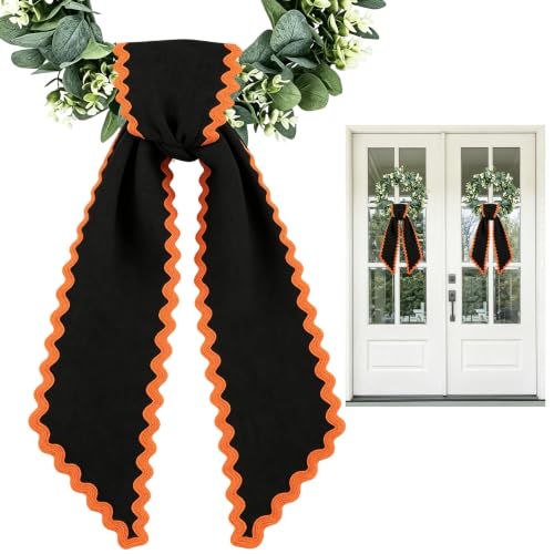 Wreath Sash for Front Door 2 Pack - Black with Orange Halloween Decorations