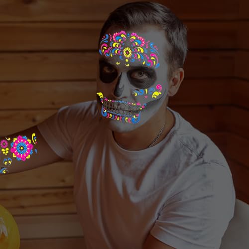 Glow UV Skeleton Temporary Tattoos - Day of The Dead Sugar Skull Face Stickers, 9 Sheets