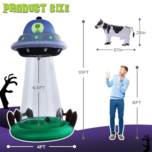 10 FT Halloween Inflatable UFO with Floating Cow - Alien Abduction Scene, Outdoor Decoration