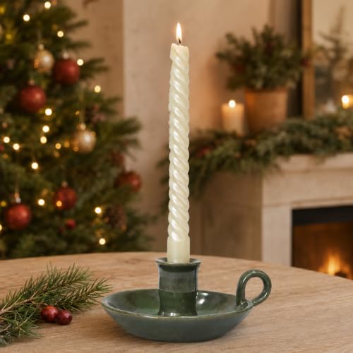 Green Reactive Glazed Ceramic Candle Holder with Handle - Taper & Spell Candles Stand
