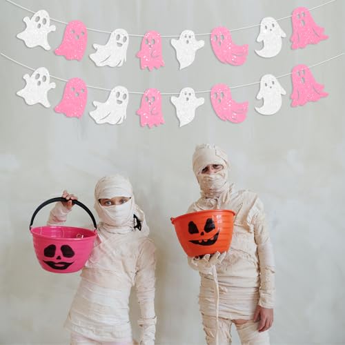 3 Pack Glitter Halloween Ghost Banner - Pink & White Hanging Decorations for Haunted House & Party