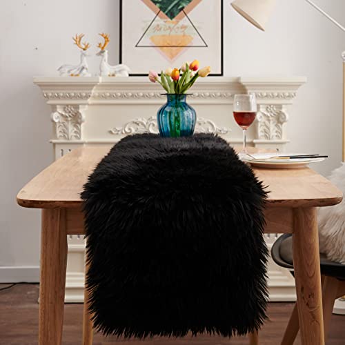 Faux Fur Table Runner 11.8x59.1 Inch Black Furry Dresser Cover Decor