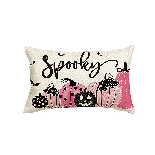 Halloween Spooky Pumpkin Throw Pillow Cover - Pink, 12 x 20 Inch Sofa Cushion Case
