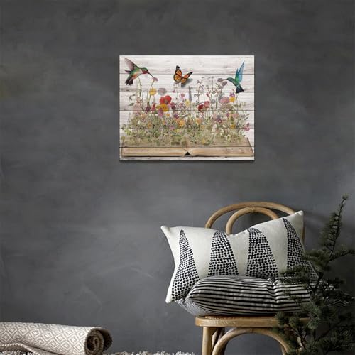 Rustic Hummingbird Wall Art Canvas Print - Farmhouse Flower Butterfly Decor, 16x12 Inches - Hummingbird Flowers Variation