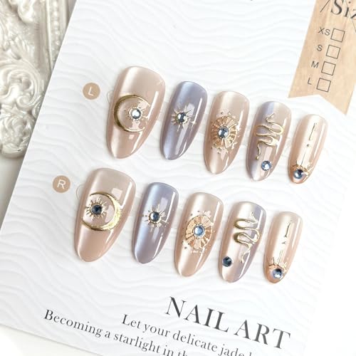 Star Moon Press On Nails - 30Pcs Medium Almond Fake Nails with Rhinestones & Variation 6