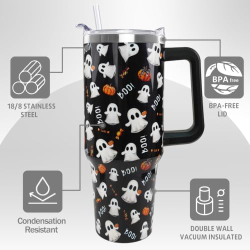 Halloween Tumbler with Handle 40oz - Cute Ghost Pumpkin Dark Aesthetic Travel Mug - Black Boo Variation