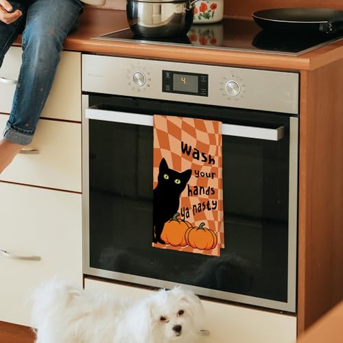 Pumpkin Orange Fall Black Cat Kitchen Hand Towels - Harvest Halloween Decor