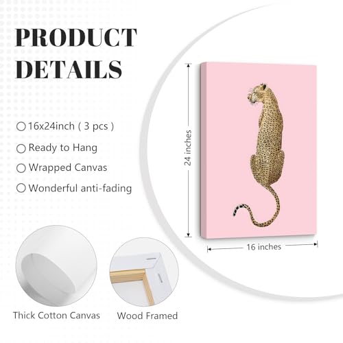 Leopard Canvas Wall Art Set - Pink Cheetah Print Bedroom Decor 16x24 Inch Wrapped Canvas - Trendy Wall Decor