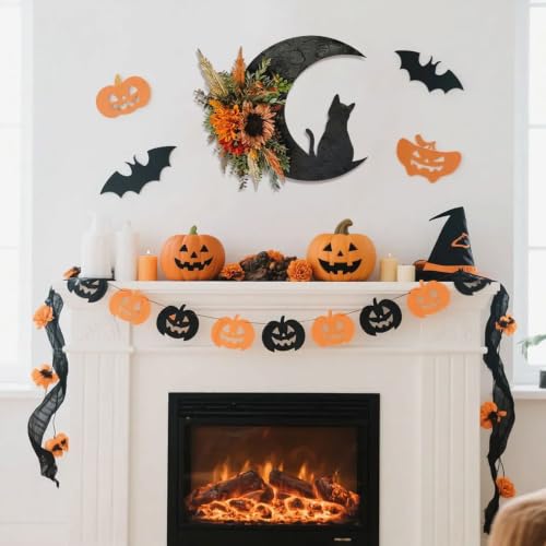 Halloween Wreath with Cat Moon and Sunflower - Fall Door Hanger Decor