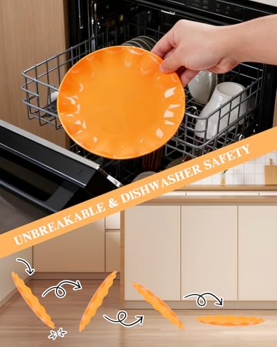 Reusable Orange Plastic Dinner & Dessert Plates Set for 12 Guests - Fall & Holiday Tableware with Lotus Edge
