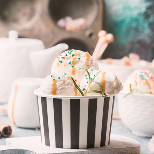 Disposable Black and White Striped Ice Cream Cups - 50 Pack, 9oz Party Bowls