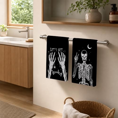 Skeleton Spooky Kitchen Towels Set of 2 Halloween Dish Towels - Black & White