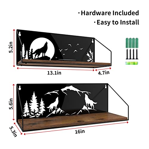 Giftgarden Wolf Shelves - Floating Wall Shelves with Howling Wolves Cutout Rustic Wood and Iron Decor for Cabin Bedroom Bathroom