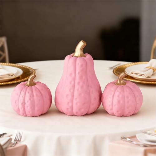Pink Fall Pumpkin Decor Set - 3 Resin Halloween Autumn Figurines