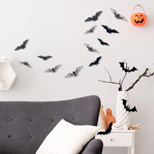 Halloween Wall Decor Bats Stickers - 24Pcs 3D Vinyl Bat Wall Decals - Bats Wall Decor Stickers-1