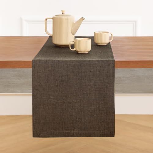 Pure Linen Table Runner Brown 14 x 132 Inches - Athena by Solino Home, Chambray Variation