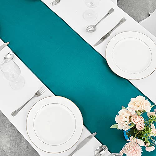 12x108 Inch Peacock Blue Satin Table Runner - 10 Pack for Wedding & Party Decor